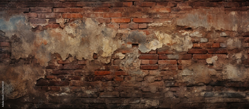 A red fire hydrant stands prominently against a dark-toned old brick wall with chipped yellowish plaster. The hydrant is a crucial element for firefighters to access water during emergencies.