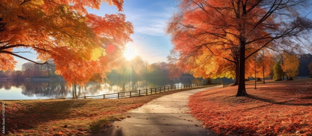 A path winds through a park, leading to a serene lake surrounded by trees with their colorful fall leaves. The sun sets, casting a golden glow over the scene.