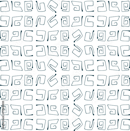 Unusual square curlicues of lines form an overall pattern in an ancient style. Art can be useful when creating ancient buildings, game design, and mysterious objects.