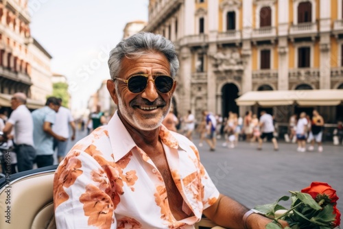 A cheerful elderly man in a colorful floral shirt and sunglasses sits on a busy street, holding a vibrant red rose. He exudes a sense of contentment and relaxation amidst the bustling urban backdrop.