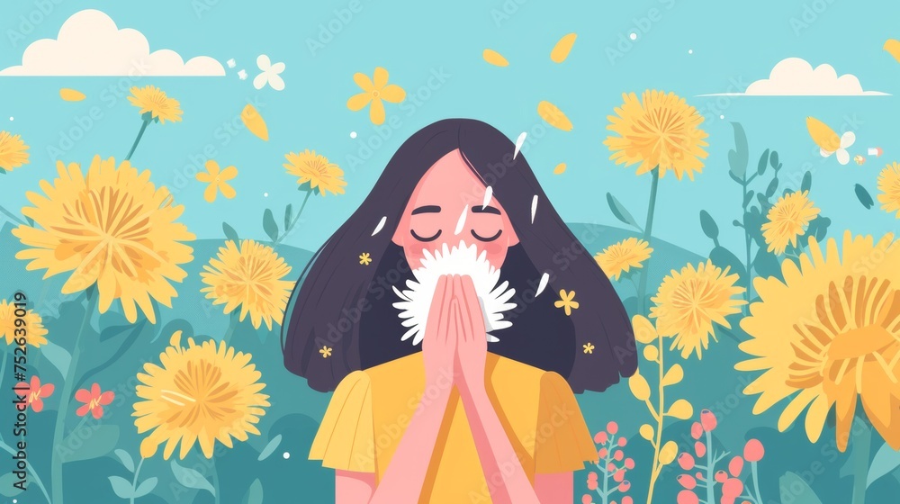 A female sneezing due to pollen allergy.