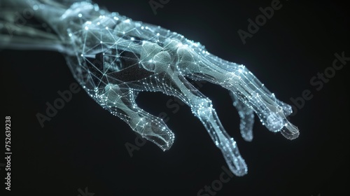 Glowing hologram of human hand 3D structure with bone structure with dark background.