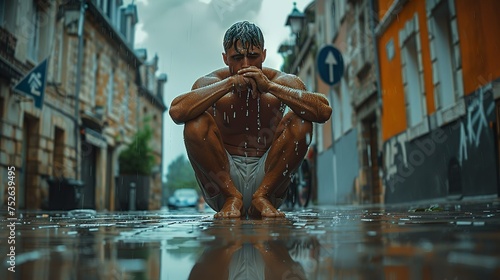 Muscled man, Sad expression, Sitting on the street, Rainy day, Gloomy atmosphere, Melancholy, Emotional distress, Urban setting, Wet surroundings, Emotional vulnerability, Street life © Borel