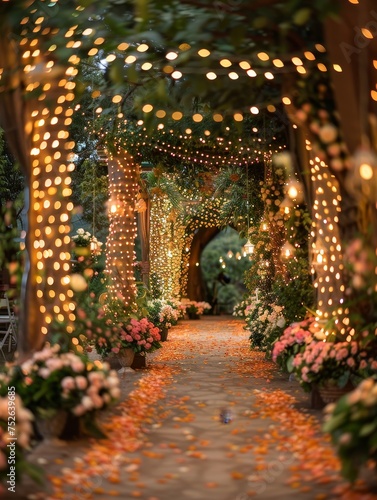 Enchanting forest wedding setup, fairy lights, natural greenery, and a romantic atmosphere