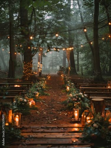 An enchanting forest wedding ambiance with fairy lights  greenery  and romantic vibes awaits.