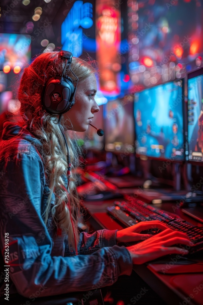 Esports tourney in virtual arena, players compete in popular titles, dynamic and immersive.