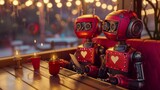 robot couple exchanging digital love notes in a cozy coffee shop environment. generative ai