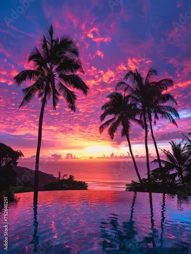 An exotic beach resort at twilight, palm trees outlined against a vibrant sky, serene and welcoming. © Fokasu Art