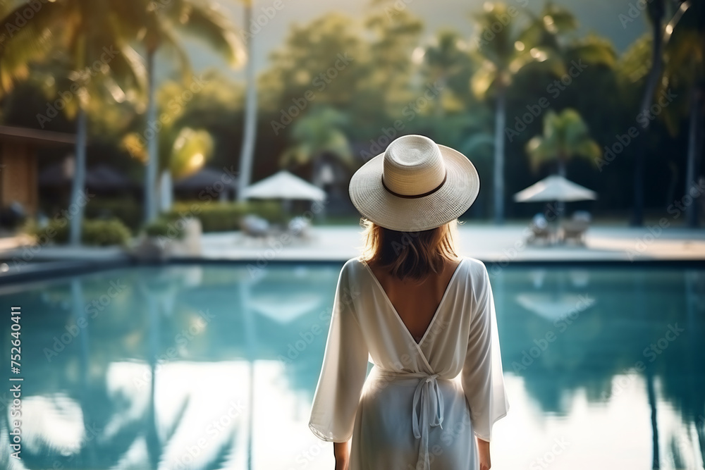 Elegant Woman in White Dress Walking by a Luxury Resort Pool. Summer Vacation and Resort Lifestyle Concept