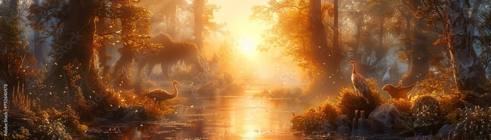 Sunrise in a fantasy realm boasting mythical beings, enchanted woods, and the essence of imaginative narratives.
