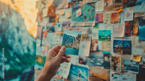 Close-up of a hand holding a vision board filled with images representing personal goals for the upcoming year. generative ai