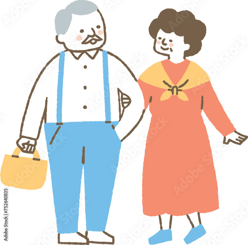 買い物をしている腕組みをした高齢夫婦_色