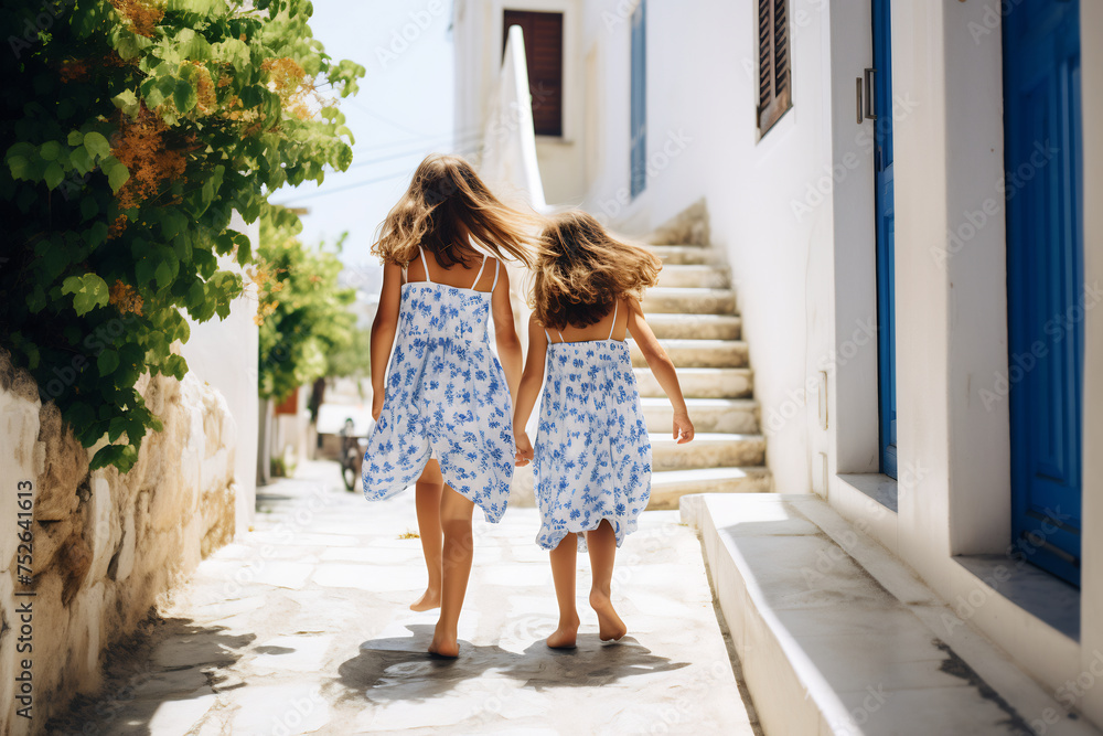 Naklejka premium Sisters Hand in Hand Exploring Traditional Greek Island Alley. Family Travel and Cultural Discovery Concept