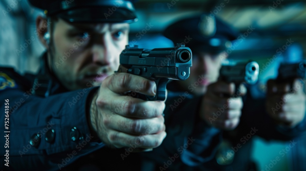 Portrait of male police officers with guns in a dark building Portrait of male police officers with guns in a dark building