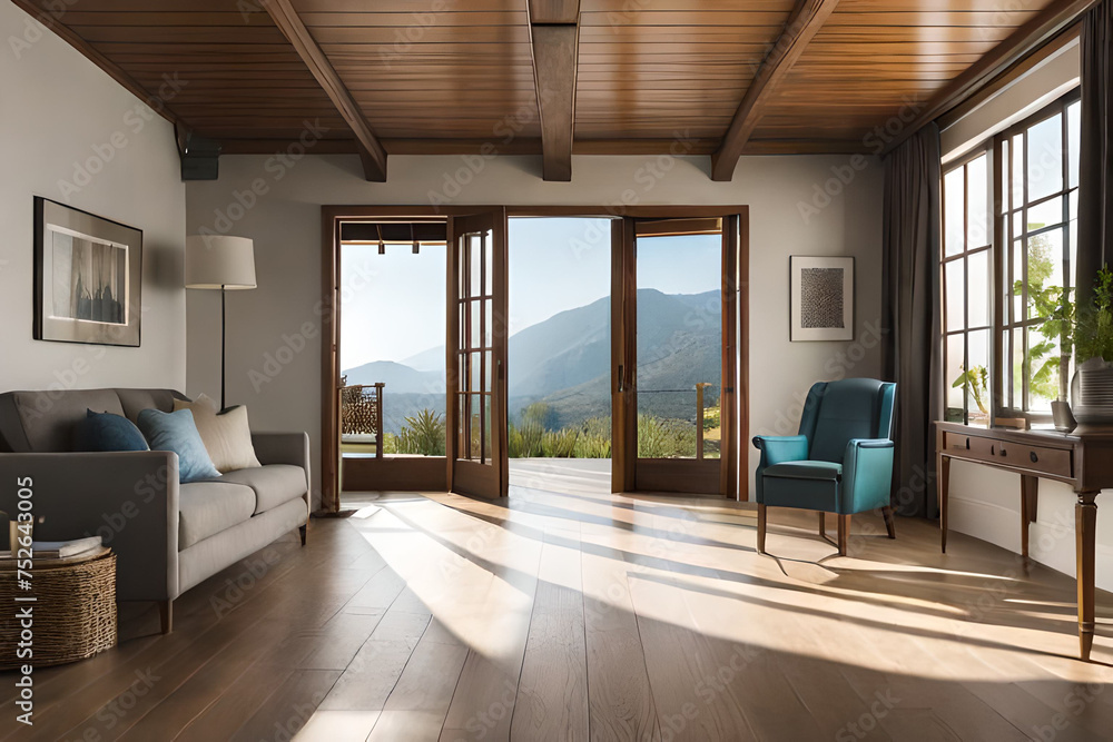 Naklejka premium abstract interior of a rural house room with beautiful window view. High quality illustration