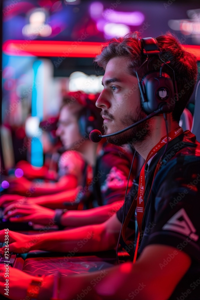 Fototapeta premium Intense esports competition: gamers glued to screens in a high-tech setting, audience excitement palpable.