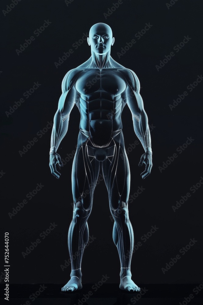 Glowing hologram of human body 3D structure with dark background. Glowing hologram of human body 3D structure with dark background.