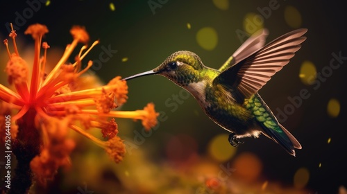 Hummingbird in flight with flower in the background.