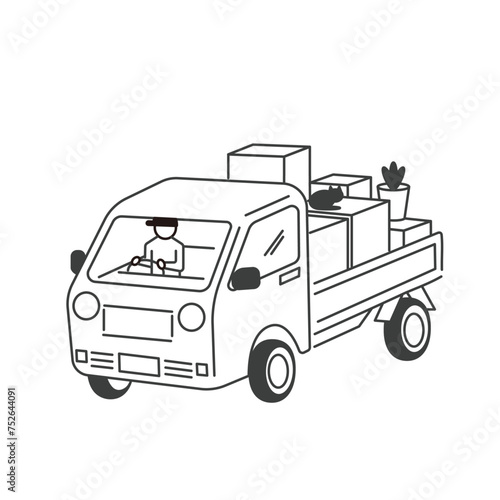 荷物を載せた引っ越しトラックのイラスト　運転手、猫あり