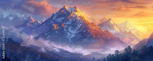 Golden light illuminates the majestic mountain landscape at dawn, enhancing its solitude and beauty.