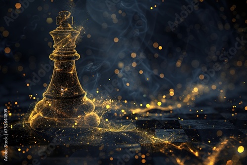 mystic witchraft spell, 1 chess piece, digital illustration, light particles, line dark blue and gold.