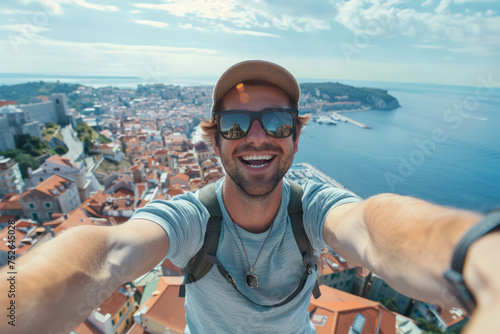 A man taking a selfie with a smartphone on a european city adventure break photo