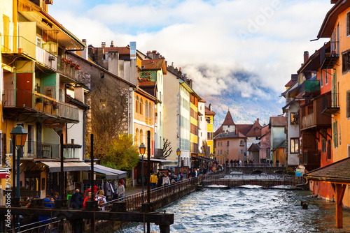 Picturesque view of old French town of Annecy with Thiou river photo