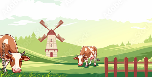 vector illustration of cows on a farm with a plantation background 