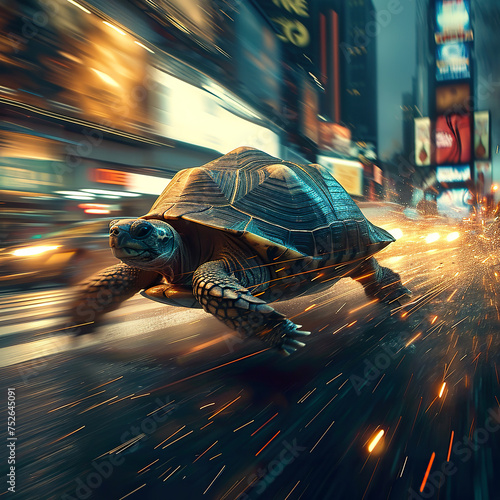 Turtle running fast on street