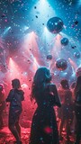 New Year's Eve dance party, glittering decorations, DJ, energetic crowd, countdown