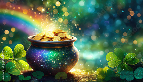 Magic pot with gold, St. Patrick's Day, Rainbow, Bokeh background 