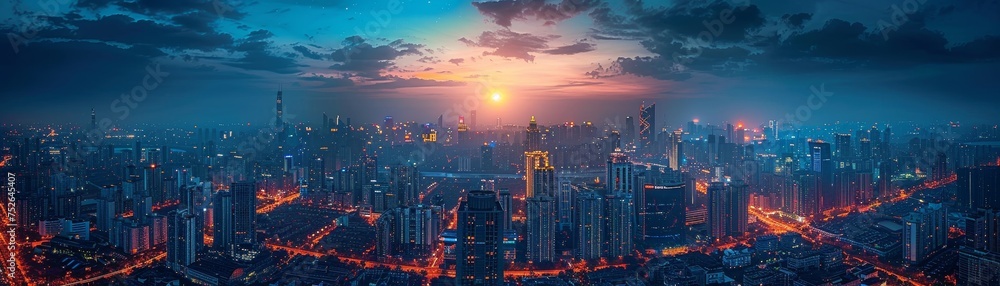 Nighttime cityscape photography captures skyline against dark sky, from high vantage point.