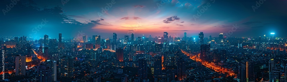 View the city skyline beautifully illuminated against the dark night sky in nighttime photography from a high vantage point.