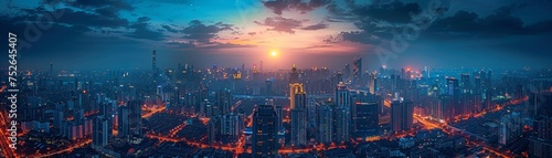 Nighttime cityscape photography captures skyline against dark sky, from high vantage point.