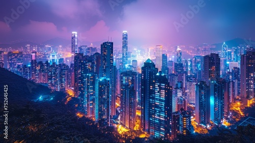 Nighttime skyline of a bustling city, lights reflecting off skyscrapers, capturing the urban energy © Fokasu Art