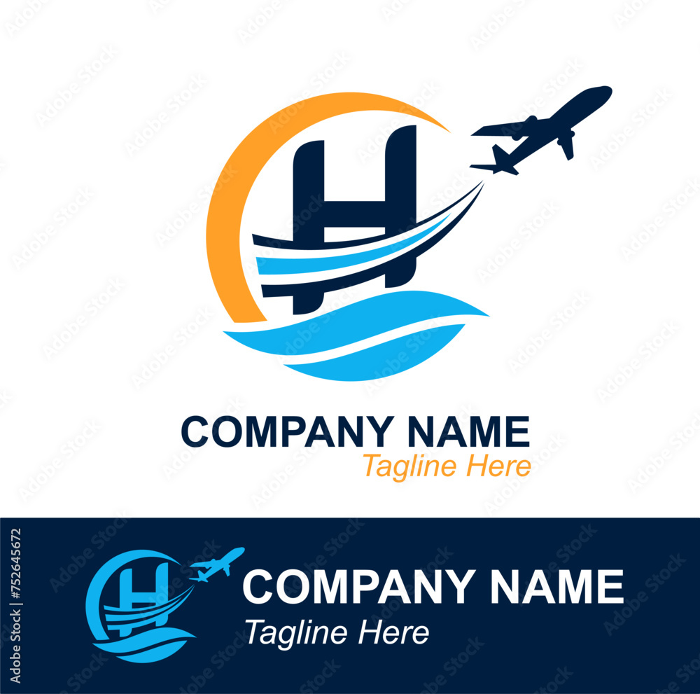 Letter H with Wave and Flying Plane for Travel Agency Logo. Vector Design Logo for travel transportation label, tourism, flight company advertising Letter H with Wave and Flying Plane for Travel Agency Logo. Vector Design Logo for travel transportation label, tourism, flight company advertising