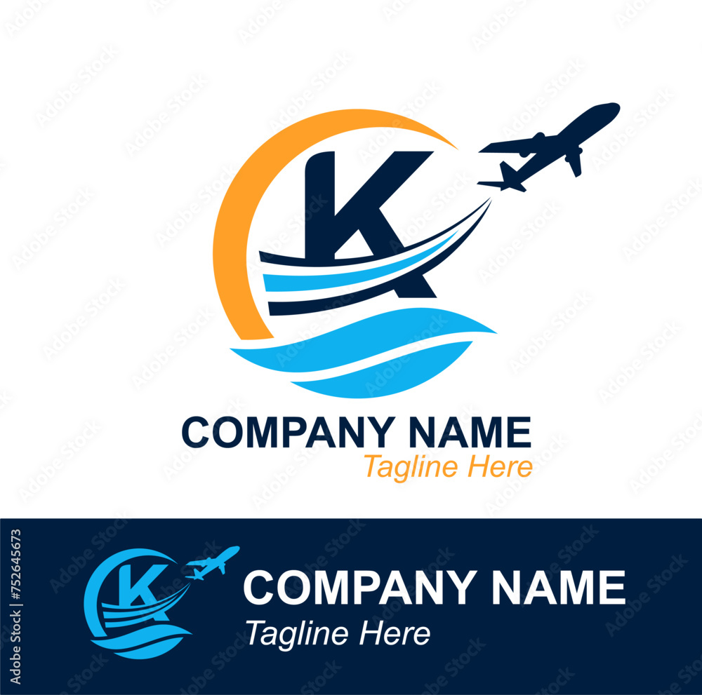 Letter K with Wave and Flying Plane for Travel Agency Logo. Vector Design Logo for travel transportation label, tourism, flight company advertising Letter K with Wave and Flying Plane for Travel Agency Logo. Vector Design Logo for travel transportation label, tourism, flight company advertising