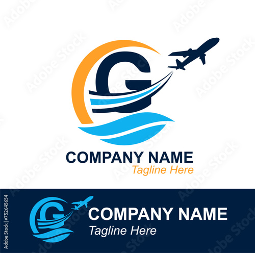 Letter G with Wave and Flying Plane for Travel Agency Logo. Vector Design Logo for travel transportation label, tourism, flight company advertising 