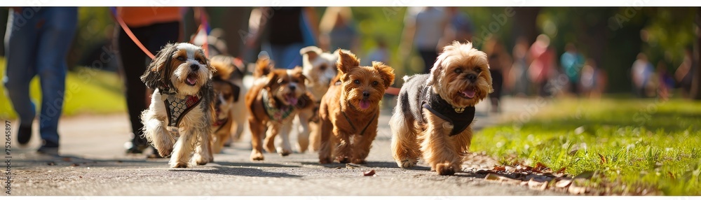 Pets participating in a charity walk, a variety of breeds, owners and pets in matching outfits, a playful and community-focused event. Pets participating in a charity walk, a variety of breeds, owners and pets in matching outfits, a playful and community-focused event.