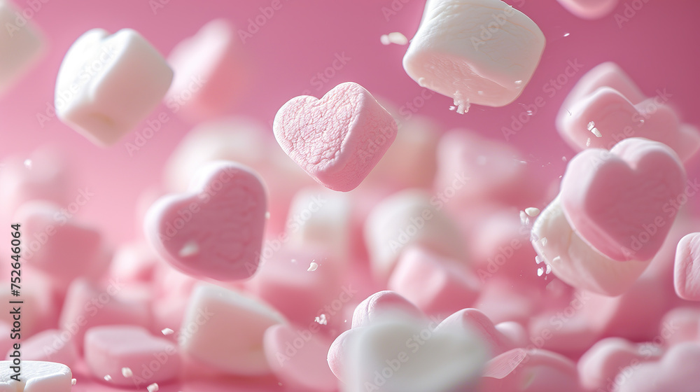 White and pink heart marshmallows falling White and pink heart marshmallows falling