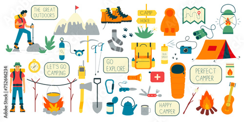 Set of hiking equipment for camping, trekking, base camp. Active vacation and tourism. Flat vector illustration 