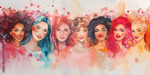 Diverse multiracial and multigenerational women celebrating friendship in watercolor style.