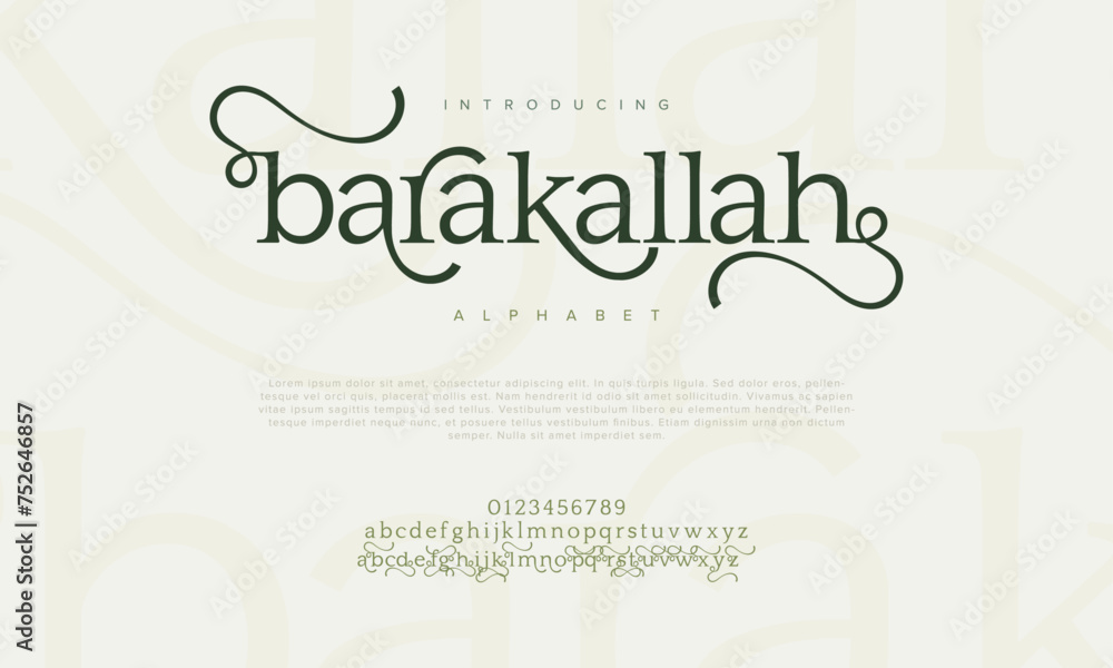 Barakallah premium luxury arabic alphabet letters and numbers. Elegant islamic  typography ramadan wedding serif font decorative vintage. Creative vector illustration