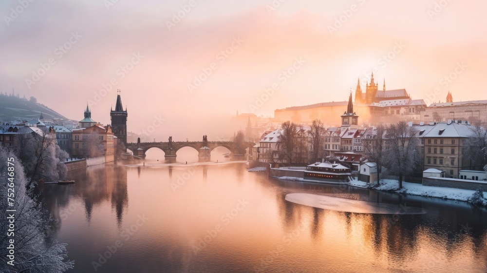 Obraz premium Charles bridghe with beautiful historical buildings at sunrise in winter in Prague city in Czech Republic in Europe.
