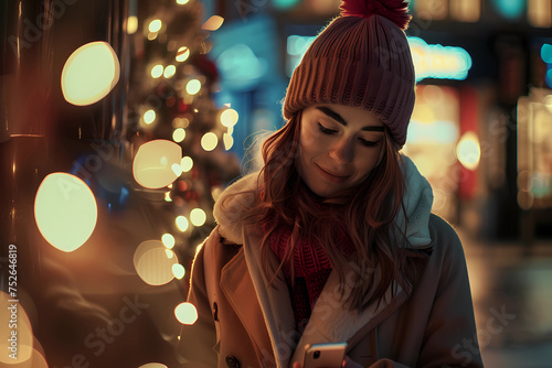 a beautiful woman in a beanie wearing a coat looking on her smartphone