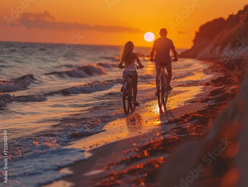Senior couple enjoying a leisurely bike ride along a picturesque beach at sunset, companionship and adventure.
