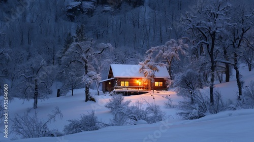 Secluded cabin getaway in the snowy mountains, warm light glowing from windows, ultimate winter retreat.