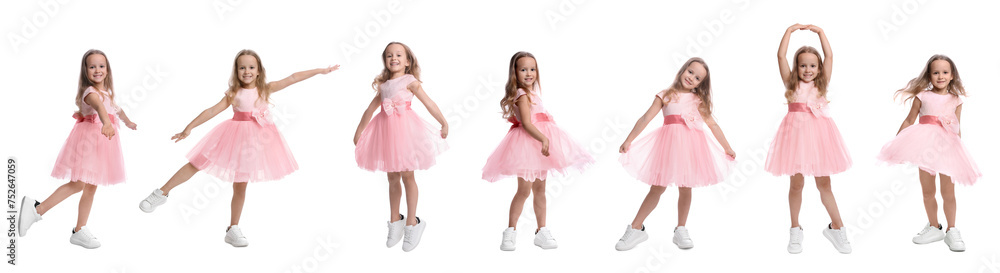 Cute little girl in beautiful dress dancing on white background, set of photos