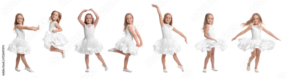 Cute little girl in beautiful dress dancing on white background, set of photos Cute little girl in beautiful dress dancing on white background, set of photos