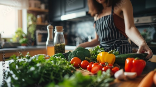 Fresh vegetables next to woman cooking at home generative ai